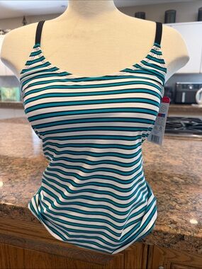 NWT Christina sz M Teal, Black & White Striped Tankini top - conv. racerback